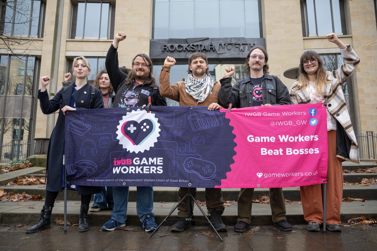 Workers protesting outside Rockstar North offices in Edinburgh