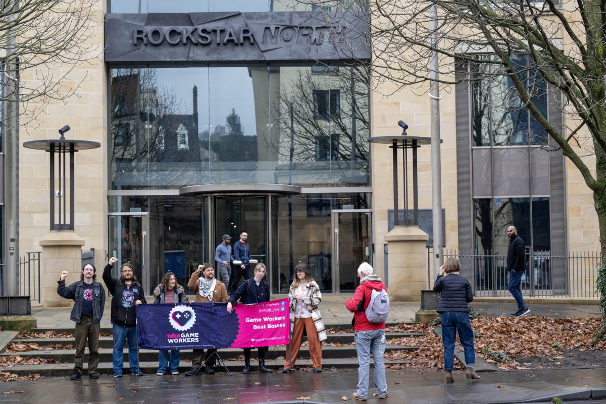 Protest signs outside Rockstar North